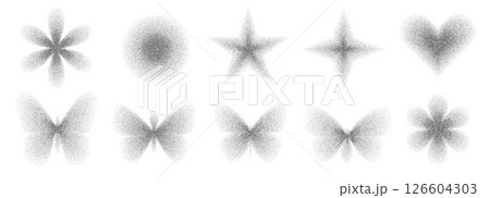 Geometric figures with grain noise gradient. Y2k retro stippling forms set. Butterfly, circle, heart and star icons isolated on white background. Vector black and white shapes illustration 126604303