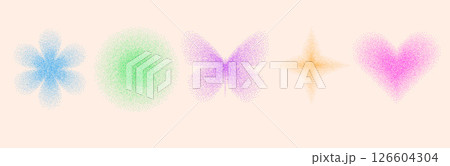 Colorful geometric shapes with grain noise gradient set. Y2k retro stippling forms set. Butterfly, circle, heart and star icons isolated on beige background. Vector pastel colors illustration 126604304