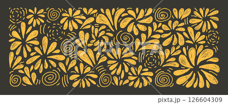 Fireworks golden set. Crayon firecrackers and party sprinkles in doodle style on a dark night background. Summer carnival decoration. Vector pencil drawn illustration 126604309