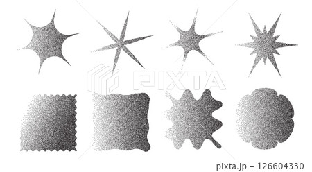 Geometric brutalist figures with grain noise gradient texture. Y2k retro stippling forms set. Squares, stars and flower icons on white background. Vector gritty monochrome gradation illustration Geometric brutalist figures with grain noise gradient texture. Y2k retro stippling forms set. Squares, stars and flower icons on white background. Vector gritty monochrome gradation illustration 126604330