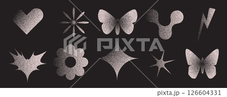 Geometric figures with grain noise gradient. Y2k retro stippling forms set. Butterfly, heart and star flower icons isolated on dark background. Vector gritty gradation shapes illustration Geometric figures with grain noise gradient. Y2k retro stippling forms set. Butterfly, heart and star flower icons isolated on dark background. Vector gritty gradation shapes illustration 126604331