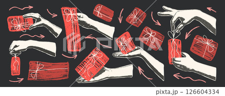 Hands photocopy effect holding crayon gifts set. Holiday surprise collage elements. Woman hand get pencil presents elements. Happy birthday, anniversary trendy concept. Vector scrap illustration 126604334
