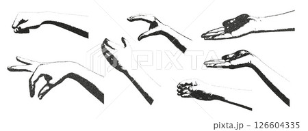 Photocopy effect female hands with holding gesture collage set. Cutout opened arms palm for mixed media design. Pieces of retro newspaper or magazine elements. Vector retro illustration isolated 126604335