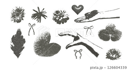 Photocopy effect female hands holding flowers collage set. Cutout opened arms palm with plants and bows for mixed media design. Pieces of retro newspaper elements. Vector retro illustration isolated Photocopy effect female hands holding flowers collage set. Cutout opened arms palm with plants and bows for mixed media design. Pieces of retro newspaper elements. Vector retro illustration isolated 126604339