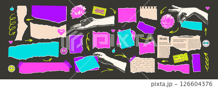 Set of torn papers stickers. Tear sheet pieces with halftone hands and flowers pack. Blanks with uneven textured edges. Newspapers cutouts. Empty colorful callout for text. Vector illustration 126604376