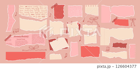 Set of torn papers with coquette cutouts. Tear romantic sheet pieces with music note and bows. Blanks with uneven textured edges. Empty pink callout for text. Vector hand drawn illustration Set of torn papers with coquette cutouts. Tear romantic sheet pieces with music note and bows. Blanks with uneven textured edges. Empty pink callout for text. Vector hand drawn illustration 126604377