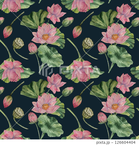 Hand drawn lotus watercolor pattern with blooming pink flowers and green leaves. Watercolor style. Natural palette. Ideal for textile print wallpaper wrapping paper fabric surface design 126604404