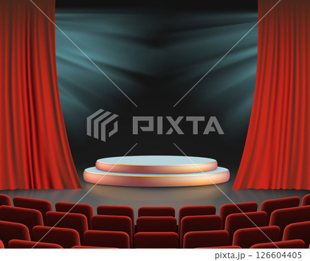 Performance stage with red curtain and chairs 126604405