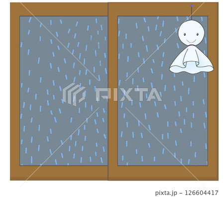 窓越しの雨とてるてる坊主のイラスト 126604417