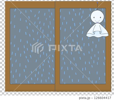 窓越しの雨とてるてる坊主のイラスト 126604417