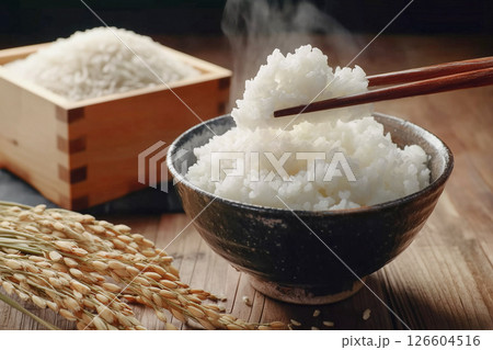 稲穂とご飯茶碗に盛られた湯気の立ち上る白米を箸で持ち上げるシーン。日本の和食イメージ 126604516