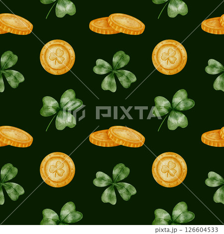 Hand drawn watercolor clovers and horseshoes pattern . Green shamrocks and golden lucky symbols create a festive seamless ornament. Perfect for textiles, wallpapers, packaging, scrapbooking Hand drawn watercolor clovers and horseshoes pattern . Green shamrocks and golden lucky symbols create a festive seamless ornament. Perfect for textiles, wallpapers, packaging, scrapbooking 126604533