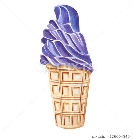 Watercolor Ice Cream with Berries in Waffle Cone 126604540