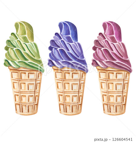 Watercolor Ice Cream with Berries in Waffle Cone 126604541