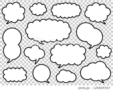 一組 14 個蓬鬆的雲朵對話泡泡，有線條畫 126604567