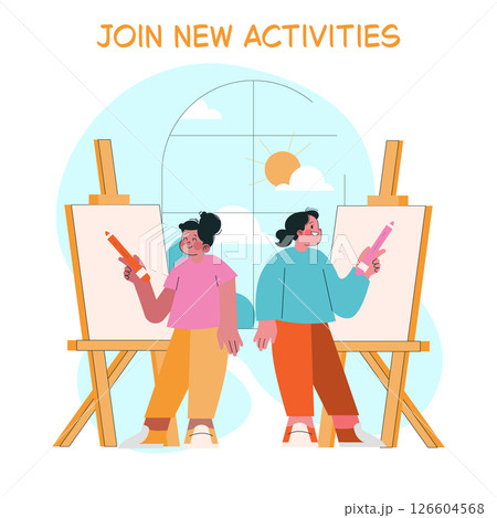Vector illustration depicting two kids holding pencils, smiling as they stand in front of easels ready to create art. The scene promotes creativity and fun in art education. Vector illustration depicting two kids holding pencils, smiling as they stand in front of easels ready to create art. The scene promotes creativity and fun in art education. 126604568