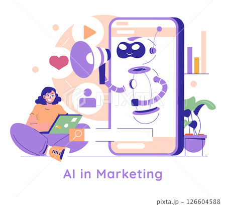 AI in Marketing concept. Illustration of a woman using a laptop with AI tools displayed on a giant smartphone, enhancing digital marketing. 126604588