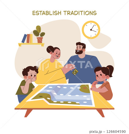 A family enjoys a board game night, laughing and bonding over the game. The parents and children gather around a table, engaging in fun and strengthening family traditions. Vector illustration. 126604590