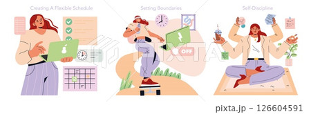 Tomorrow Work set. Flexible schedules, clear boundaries and self-discipline in modern remote work. Managing time, productivity, balance and personal growth at home office. Vector illustration. 126604591