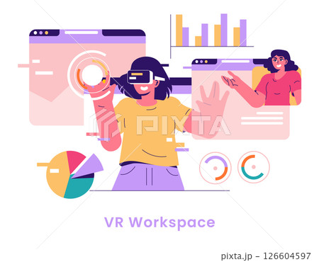 VR workspace concept. This illustration represents the future of work through virtual reality technologies. Remote collaboration is enhanced with immersive interfaces and data visualization. Vector 126604597