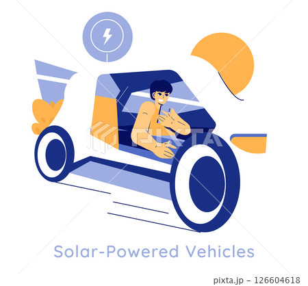 Solar-Powered Vehicles illustration shows a person driving a solar-powered car, highlighting the shift towards renewable energy in transportation, promoting sustainability and eco-friendly travel. 126604618