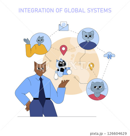 AI integration in global business connects diverse systems for enhanced communication and collaboration. It highlights the role of technology in modern enterprises and cross-border interactions. 126604629