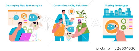 Megapolis Innovation Center focuses on advancing technology for smart cities. Engaging teams develop innovative solutions, collaborate with robots, and test prototypes enhancing urban living. Vector 126604630