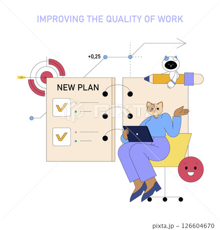 AI integration in workplace enhances task management and productivity. A character engages with digital tools while collaborating on a new plan showcasing the impact of technology on work quality AI integration in workplace enhances task management and productivity. A character engages with digital tools while collaborating on a new plan showcasing the impact of technology on work quality 126604670