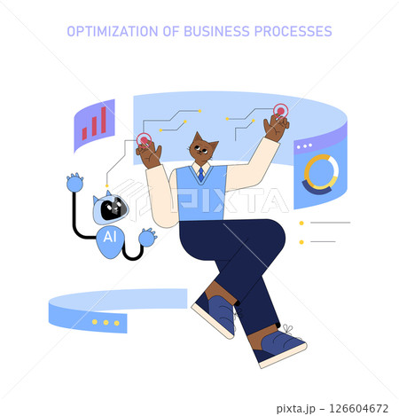 The illustration showcases the integration of AI in optimizing business processes for mid-sized managers. It highlights collaboration between technology and leadership to enhance efficiency and 126604672