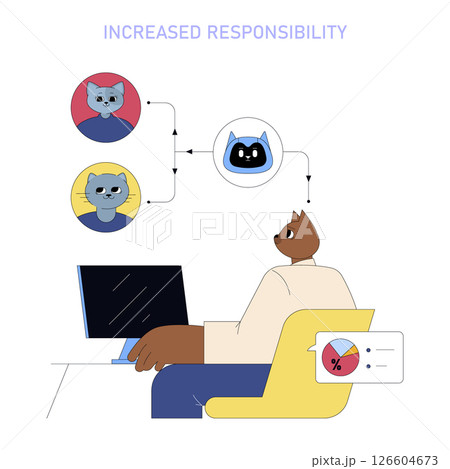 AI's role in workplace dynamics exemplifies increased responsibility among team members. The illustration shows interactions and data analysis in a modern office setting. This reflects the evolving AI's role in workplace dynamics exemplifies increased responsibility among team members. The illustration shows interactions and data analysis in a modern office setting. This reflects the evolving 126604673