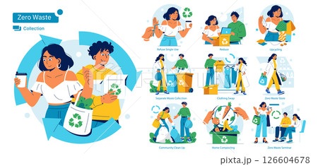Vector illustration of diverse actions promoting zero waste lifestyle. Scenes include refusing single-use items, reducing waste, separate collection, clothing swap, upcycling, and composting. Vector illustration of diverse actions promoting zero waste lifestyle. Scenes include refusing single-use items, reducing waste, separate collection, clothing swap, upcycling, and composting. 126604678