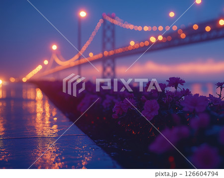 Evening view of a bridge illuminated by lights near a tranquil waterfront garden 126604794