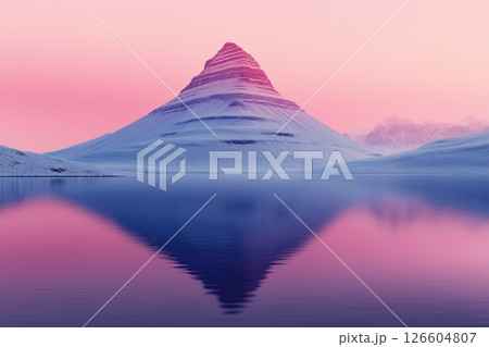 Majestic mountain peak reflecting in calm water during sunrise Majestic mountain peak reflecting in calm water during sunrise 126604807