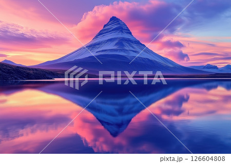 Majestic mountain peak reflecting in calm water during sunrise Majestic mountain peak reflecting in calm water during sunrise 126604808