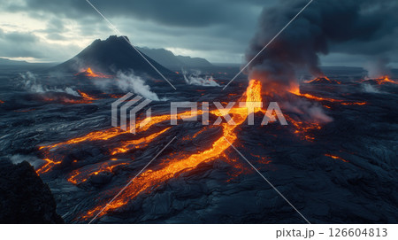 Lava erupts from the depths of a mountain in an Icelandic volcanic landscape 126604813