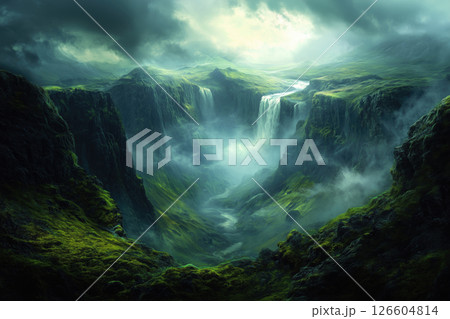 Majestic waterfall cascading through lush green cliffs 126604814