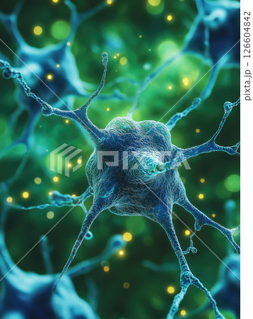 Colorful illustration of neurons showcasing intricate connections in a scientific study context 126604842
