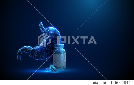 Blue human stomach next to a medicine bottle and capsules. Medical treatment, digestive health support concept Blue human stomach next to a medicine bottle and capsules. Medical treatment, digestive health support concept 126604844