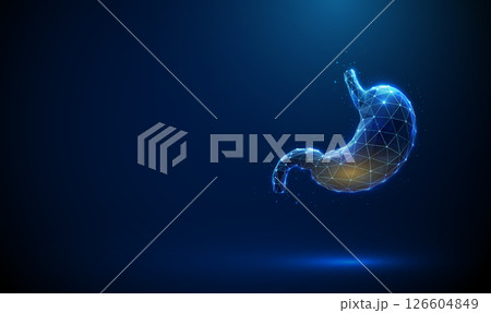 Blue human stomach with visible gastric juice inside. Digestive fluid secretion, stomach acid concept. 126604849