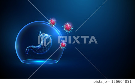 Abstract blue human stomach inside a glass dome attacked by red viruses. Stomach protection, viral infection, digestive disease, treatment concept 126604851