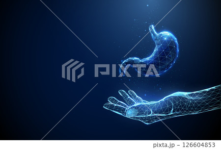 Abstract giving hand with human stomach. Healthcare medical support and protection concept. Low poly futuristic technology digital neon style. Abstract giving hand with human stomach. Healthcare medical support and protection concept. Low poly futuristic technology digital neon style. 126604853