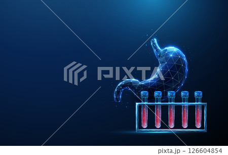 Abstract blue human stomach and blood sample rack. Blood analysis and gastric health, medical diagnostics and monitoring concept. 126604854