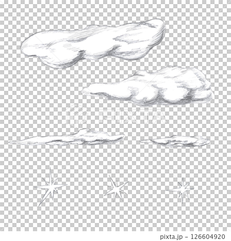 Set of clouds and stars. Isolated pencil illustration for coloring books, greeting cards, Halloween theme parties, fabric printing, interior design. 126604920