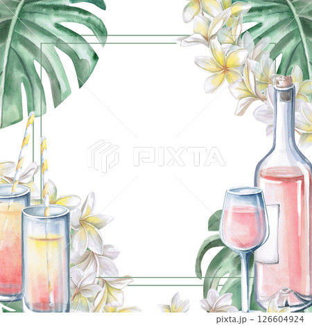 Square frame with plumeria flowers, monstera leaves, wine bottle and juice. Isolated watercolor illustration for restaurant menu design, interior, wedding cards, poster printing. 126604924