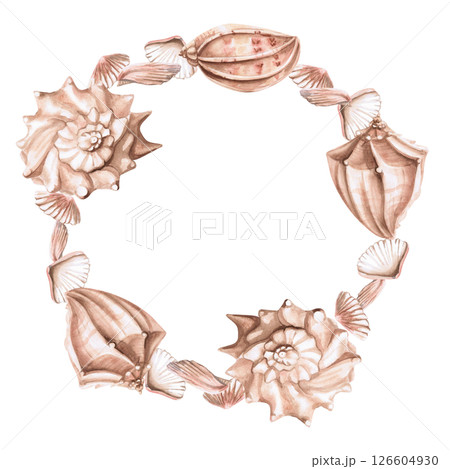 Round frame of sea shells. Isolated watercolor illustration on a marine theme for the design of printed products, tableware, printing on textiles, interior design. Round frame of sea shells. Isolated watercolor illustration on a marine theme for the design of printed products, tableware, printing on textiles, interior design. 126604930