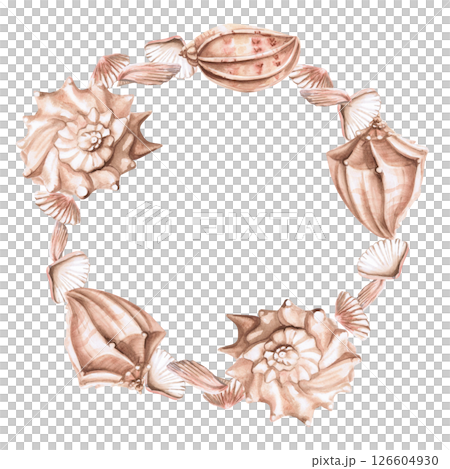Round frame of sea shells. Isolated watercolor illustration on a marine theme for the design of printed products, tableware, printing on textiles, interior design. 126604930