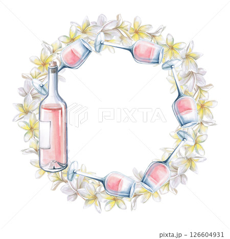 Round frame of wine bottle, glasses and plumeria flowers. Isolated watercolor illustration for print design, tableware, textile printing, interior design Round frame of wine bottle, glasses and plumeria flowers. Isolated watercolor illustration for print design, tableware, textile printing, interior design 126604931