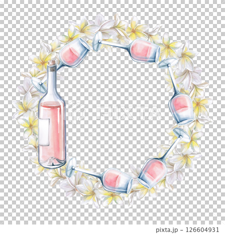 Round frame of wine bottle, glasses and plumeria flowers. Isolated watercolor illustration for print design, tableware, textile printing, interior design 126604931