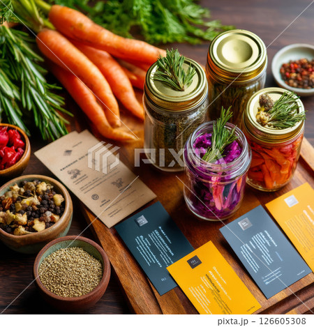 Fermented vegetables in glass jars surrounded by herbs and roots on wood tray 126605308