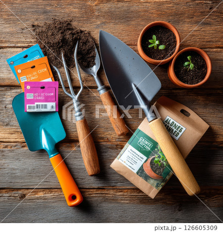 Gardening tools with seed packets and young plant sprouts on wooden background 126605309